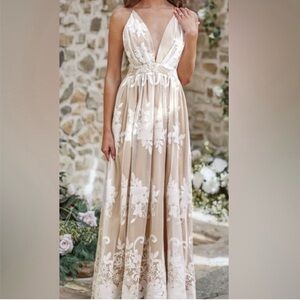 Ivory Lace-Accent Beige Maxi Dress with Deep V-Neck